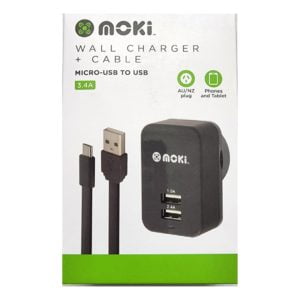 Moki Micro to USB Cable plus Wall Charger Black